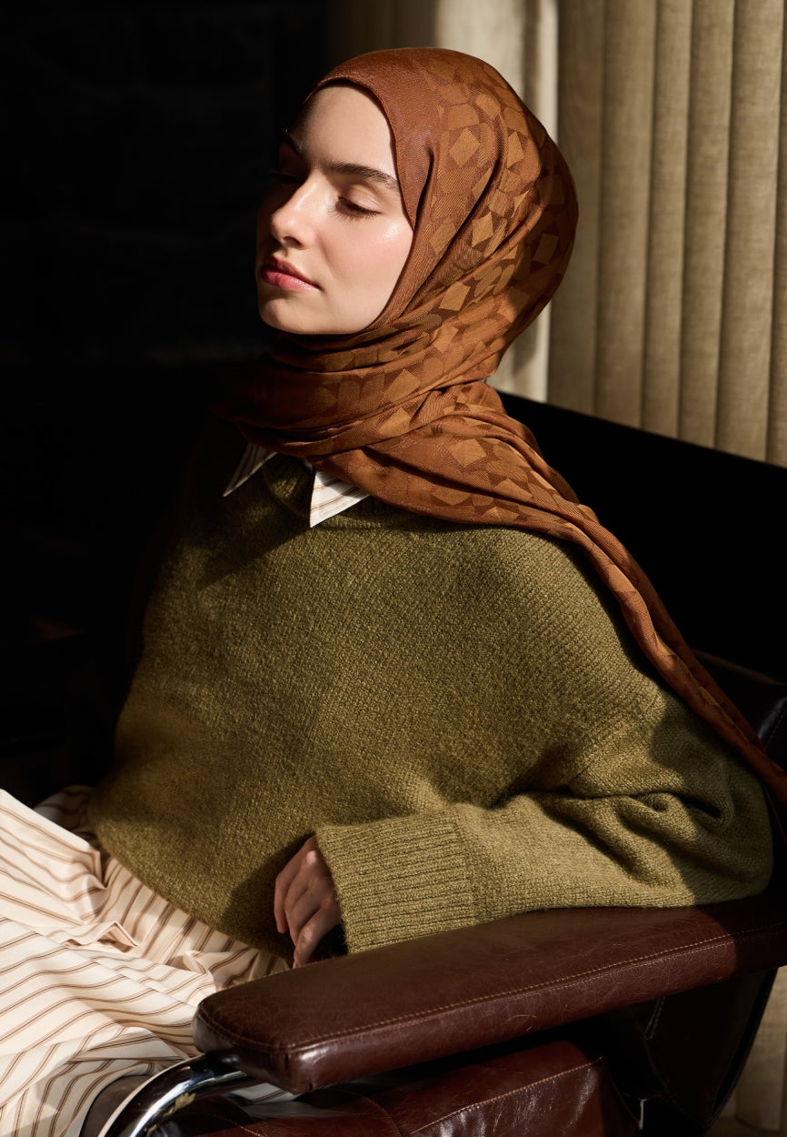 Front view of Walnut Oslo Cotton Jacquard Flush Hijab, modest Hijab for weddings