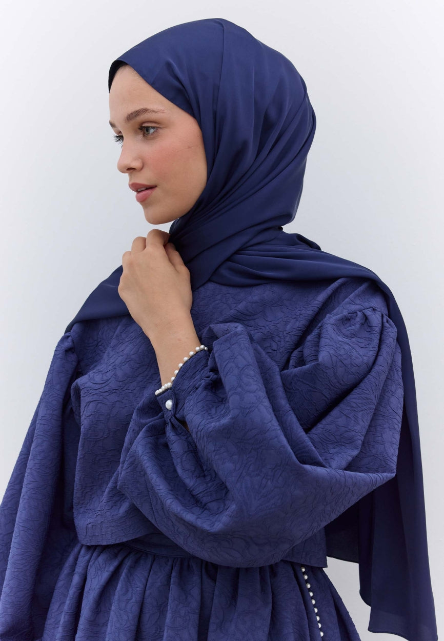 Qivola Premium Chiffon Scarf in Navy Blue, side view