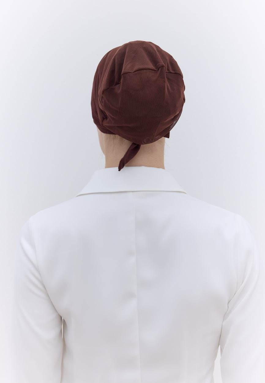 Back view of Brown Seamless Mesh Plain Bonnet displaying full coverage design