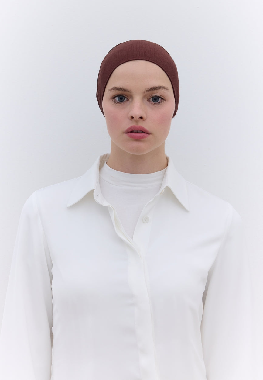 Front view of Brown Seamless Mesh Plain Bonnet, modest Scarf for autumn events