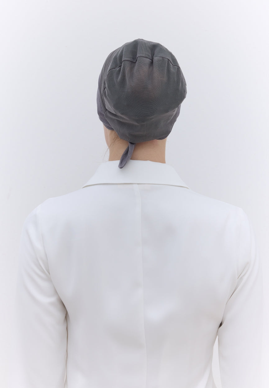 Gray Seamless Mesh Plain Bonnet Dark side angle showing elegant silhouette