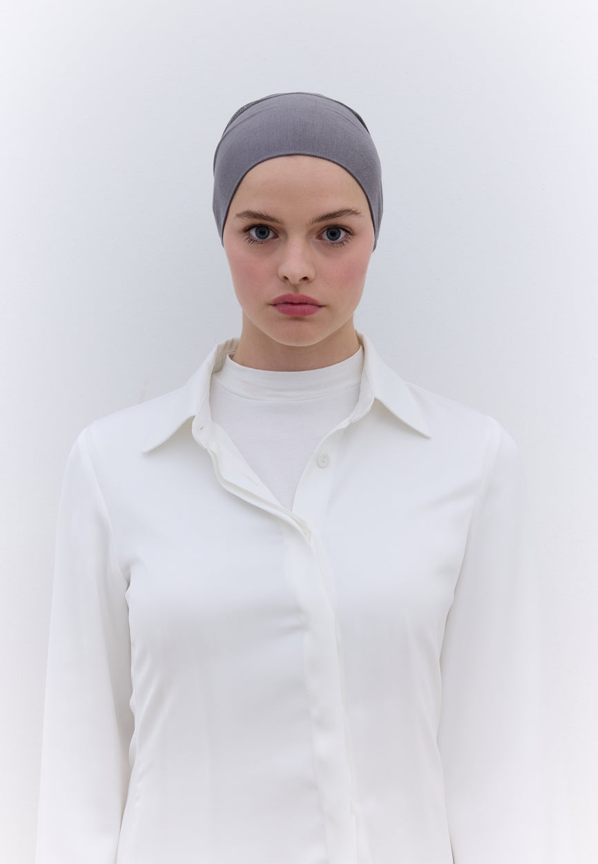 Back view of Gray Seamless Mesh Plain Bonnet Dark displaying full coverage design