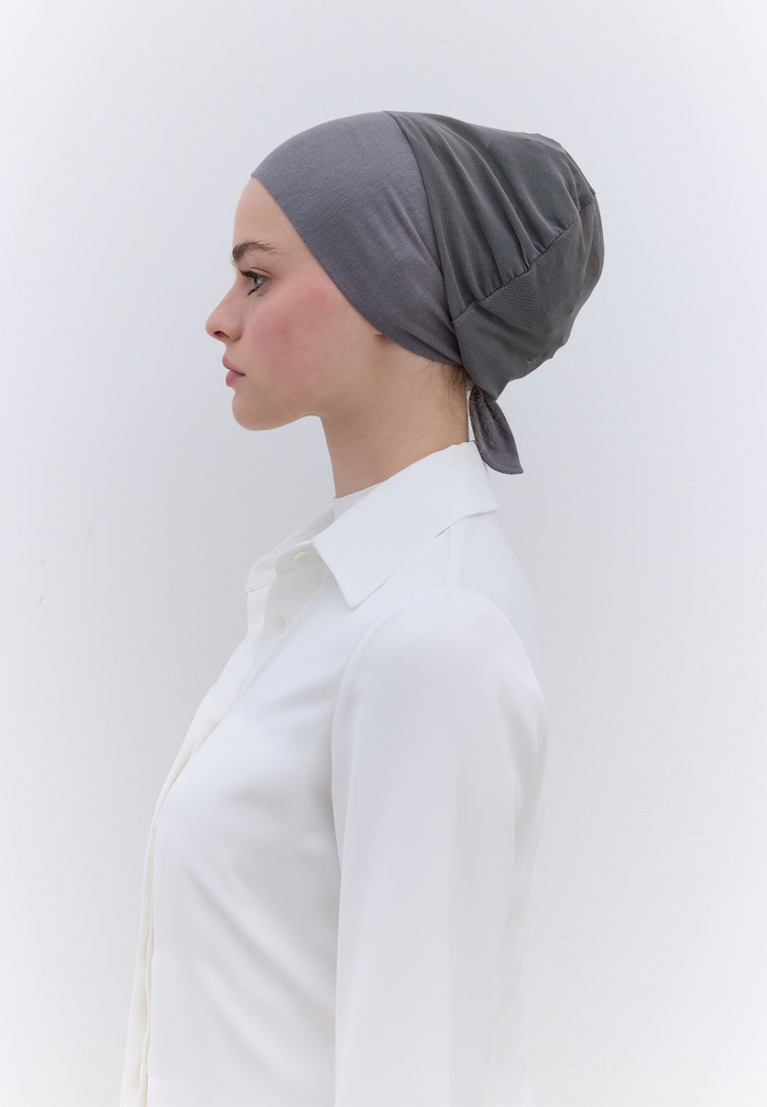 Front view of Gray Seamless Mesh Plain Bonnet Dark, modest Scarf for weddings
