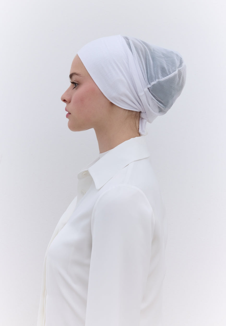 White Seamless Mesh Plain Bonnet side angle showing elegant silhouette
