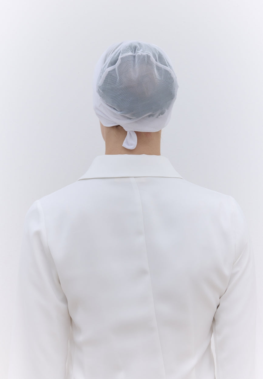 Back view of White Seamless Mesh Plain Bonnet displaying full coverage design