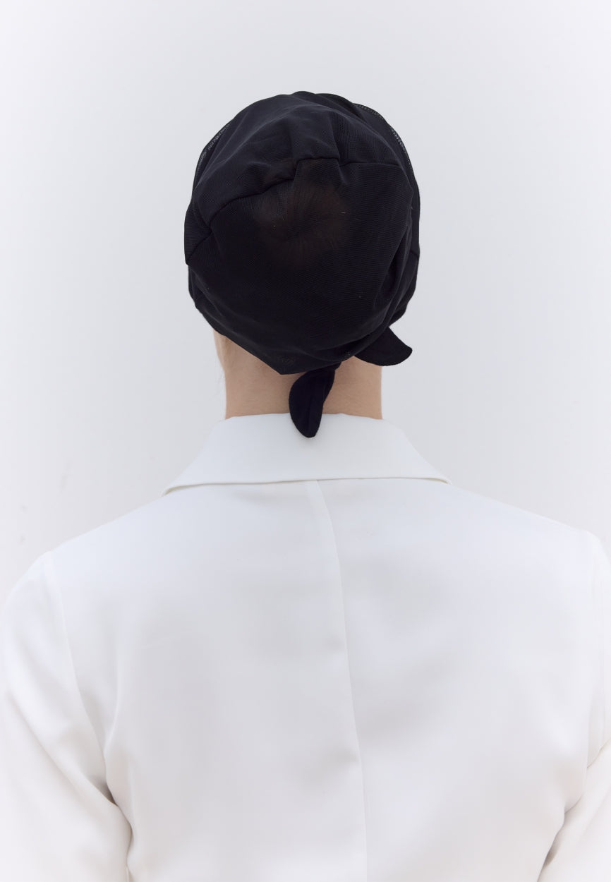 Back view of Black Seamless Mesh Plain Bonnet displaying full coverage design