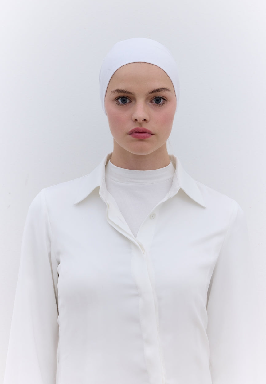 Front view of White Seamless Mesh Plain Bonnet, modest Scarf for weddings