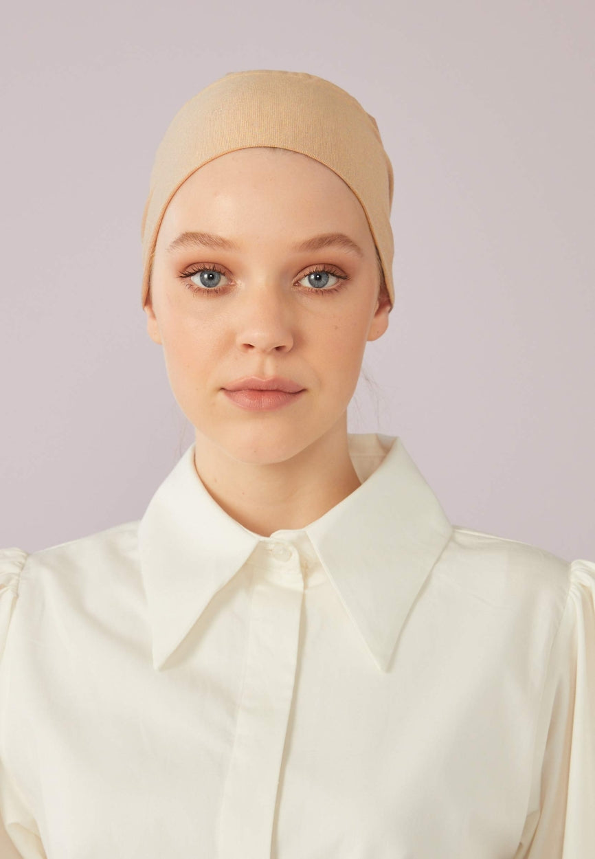 Front view of Beige Seamless Mesh Plain Bonnet, modest Scarf for weddings