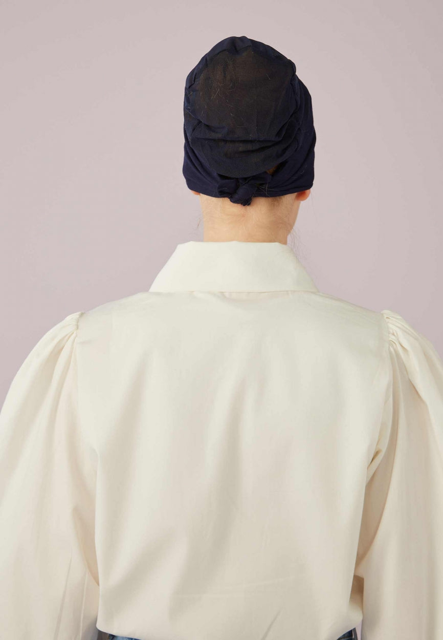 Back view of Blue Seamless Mesh Plain Bonnet Navy displaying full coverage design