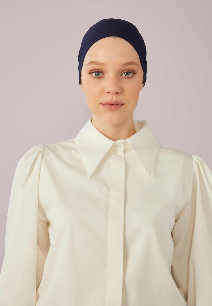 Front view of Blue Seamless Mesh Plain Bonnet Navy, modest Scarf for professional events