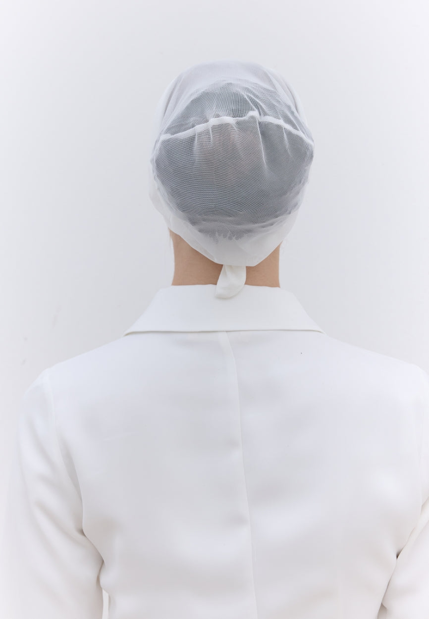 Back view of White Seamless Mesh Plain Bonnet Off displaying full coverage design
