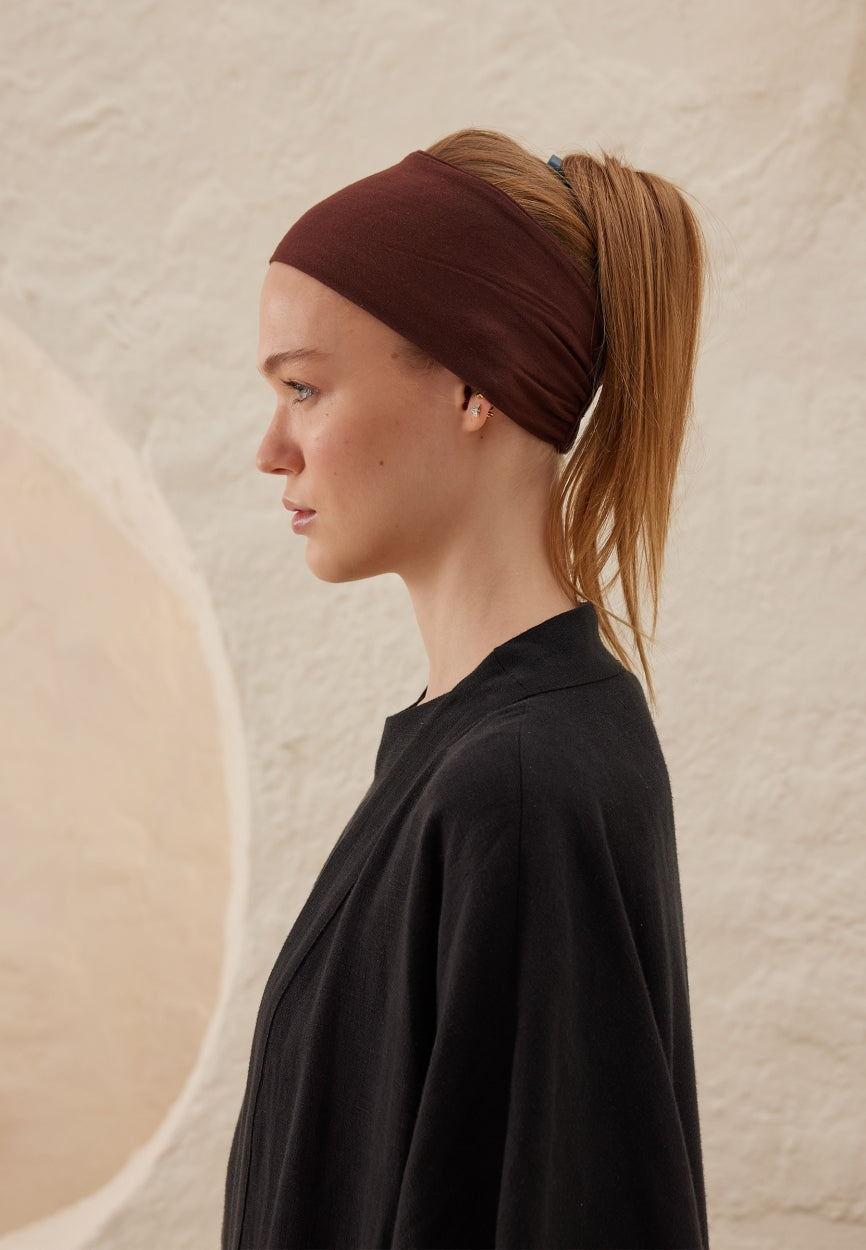 Front view of Brown Coffee Silicone Anti-Slip Bandana Brown, modest Scarf for autumn events