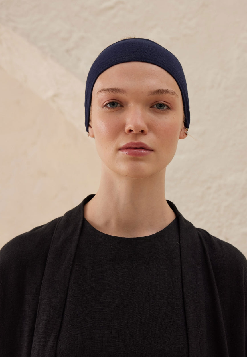 Front view of Navy Blue Silicone Anti-Slip Bandana, modest Scarf for professional events