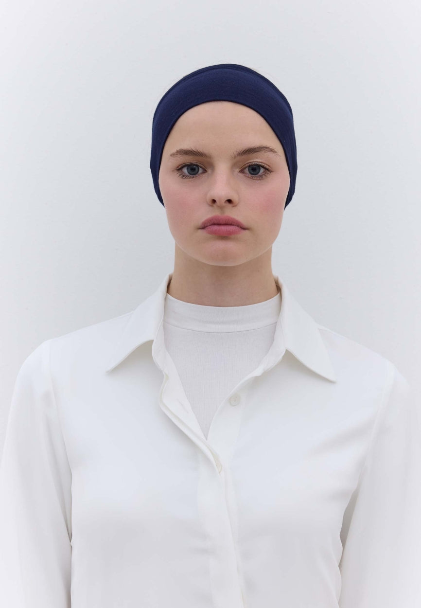 Front view of Navy Blue Silicone Bandana, modest Scarf for professional events