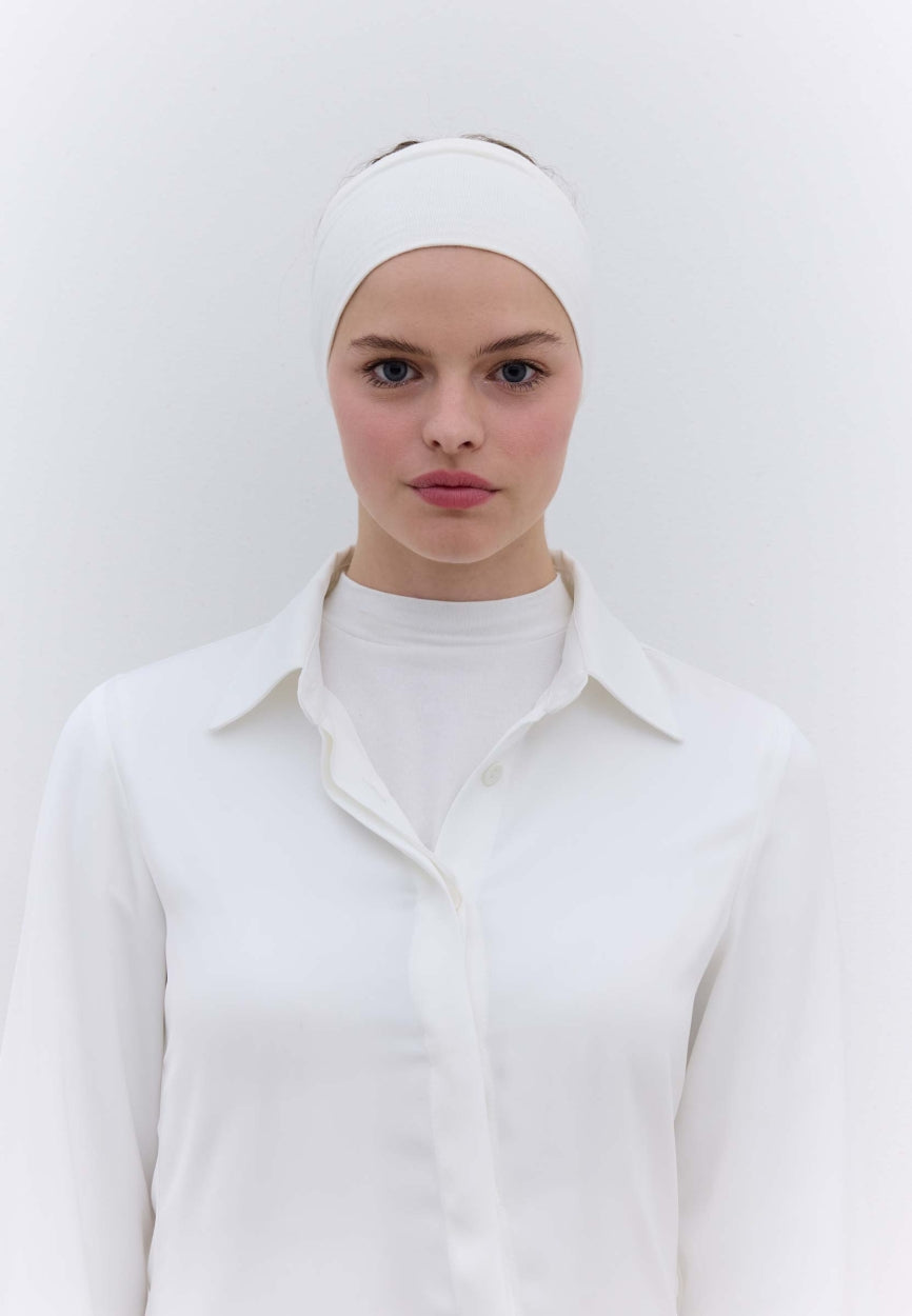 Front view of White Silicone Bandana Off, modest Scarf for weddings