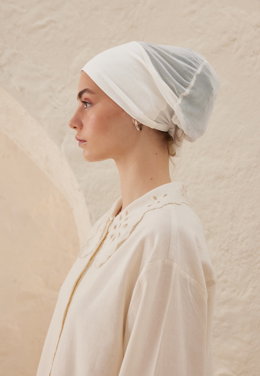 Ecru Silicone Non-Slip Net Bonnet side angle showing elegant silhouette