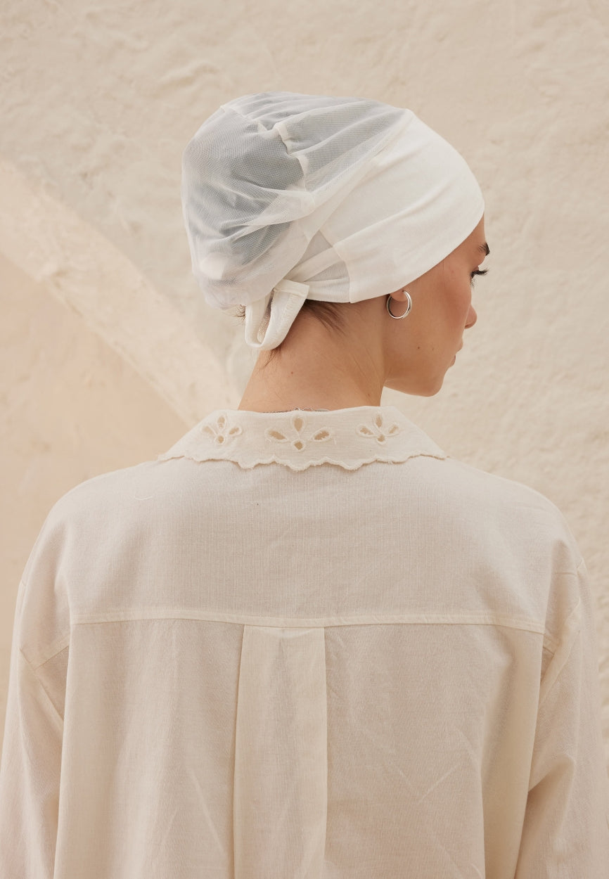 Back view of Ecru Silicone Non-Slip Net Bonnet displaying full coverage design