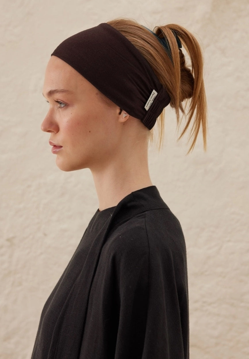 Front view of Brown Coffee Silicone Non-Slip Bandana Bitter Coffee, modest Scarf for autumn events