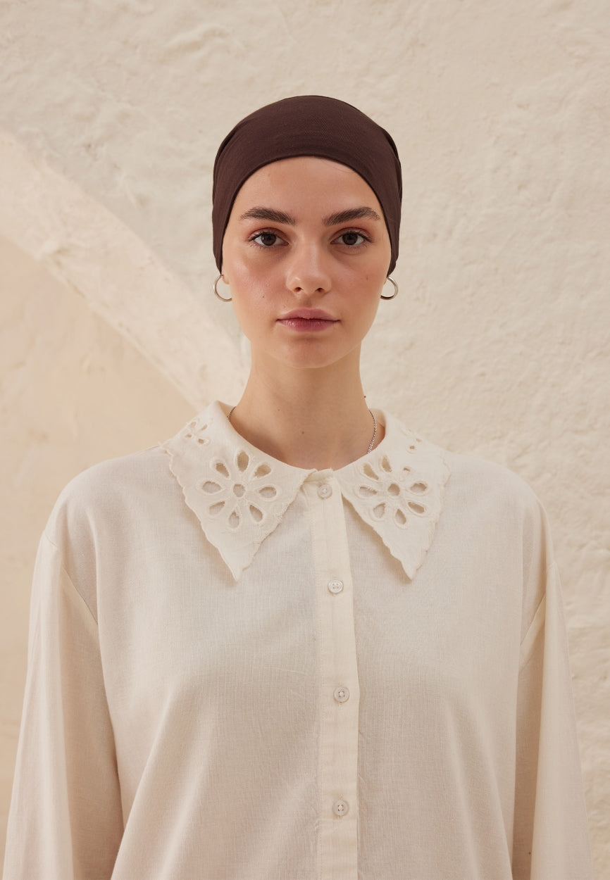 Front view of Coffee Silicone Non-Slip Bonnet Bitter, modest Scarf for weddings