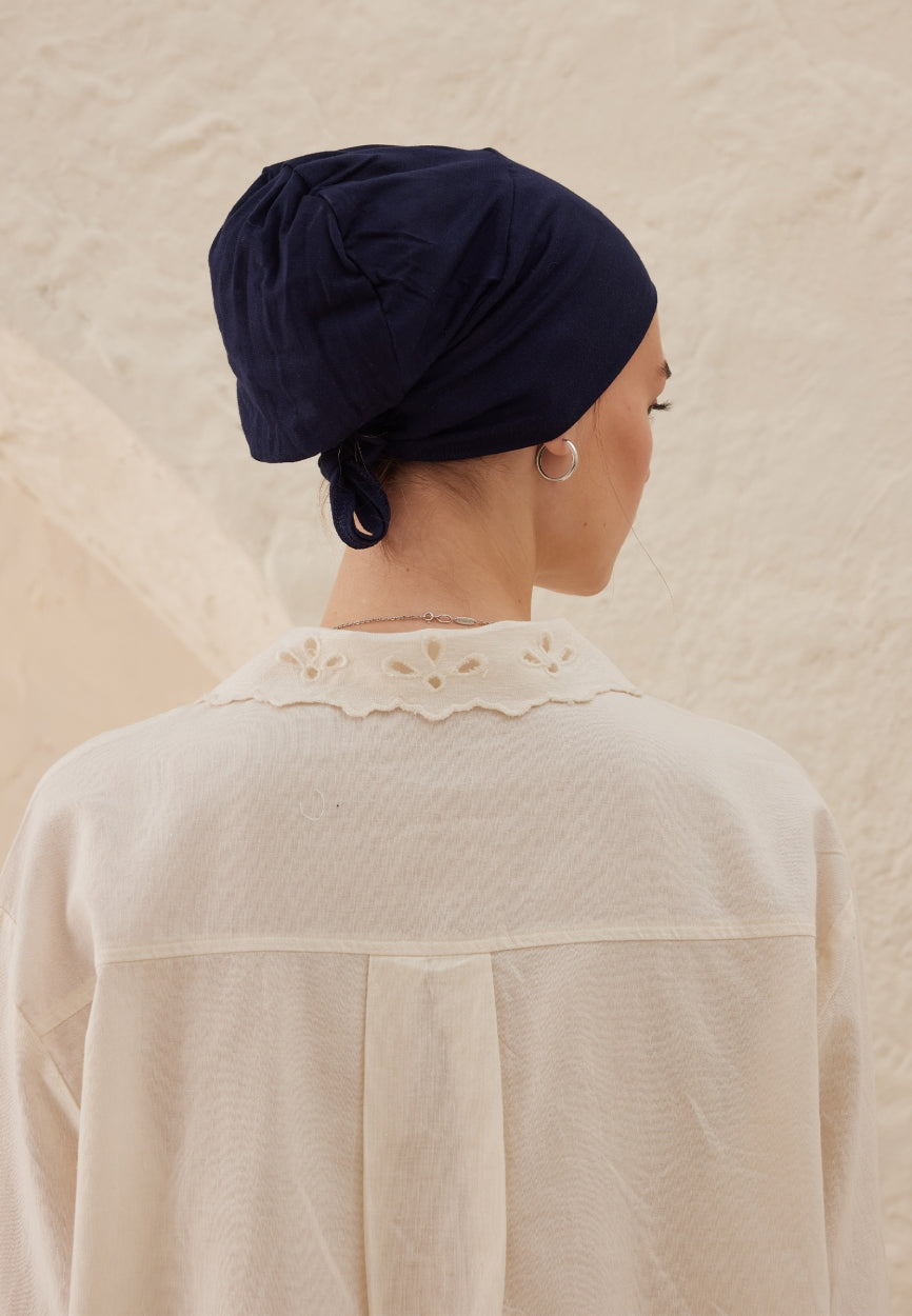 Back view of Blue Silicone Non-Slip Bonnet Dark displaying full coverage design