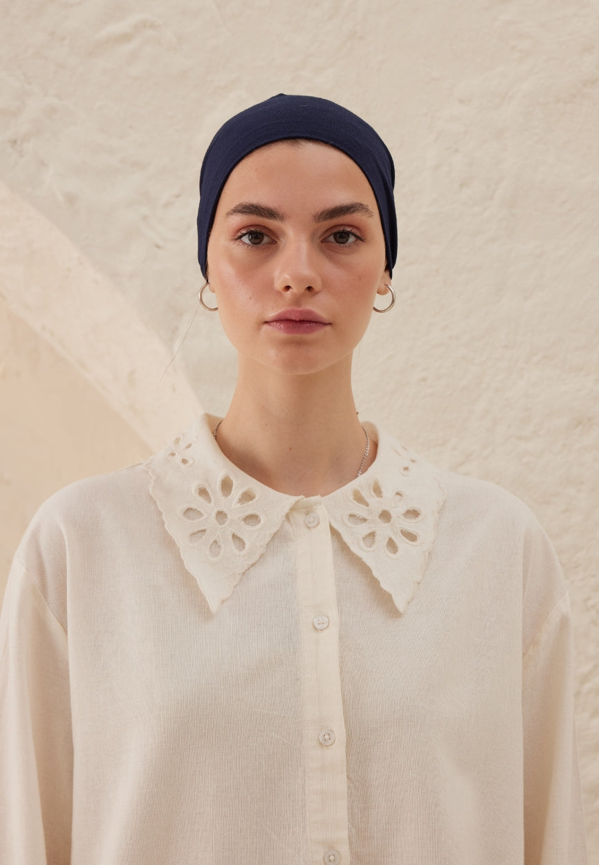 Front view of Blue Silicone Non-Slip Bonnet Dark, modest Scarf for professional events