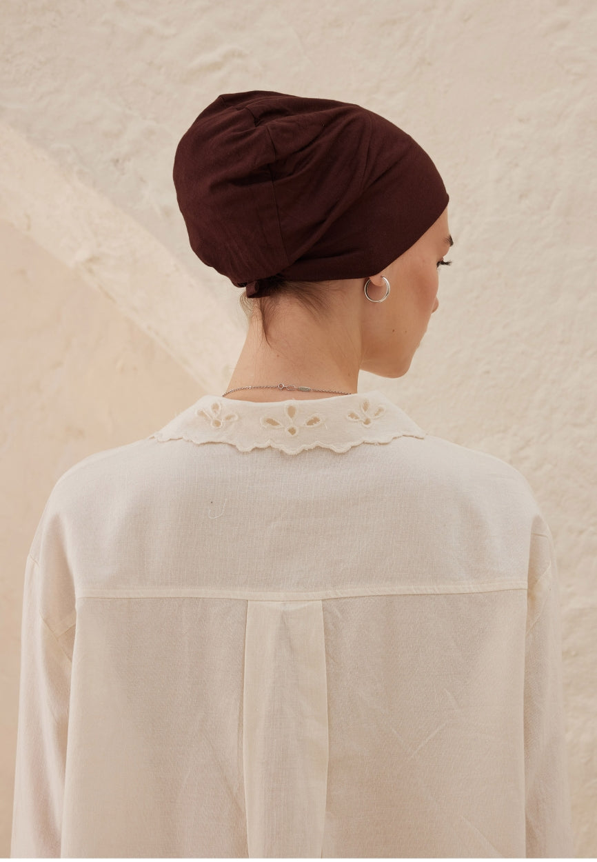 Brown Silicone Non-Slip Bonnet side angle showing elegant silhouette