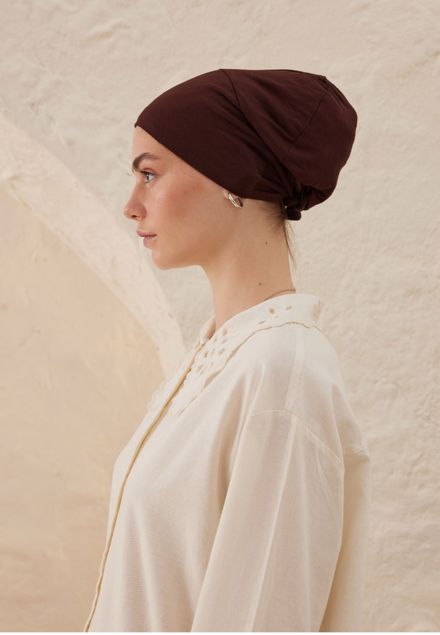 Back view of Brown Silicone Non-Slip Bonnet displaying full coverage design