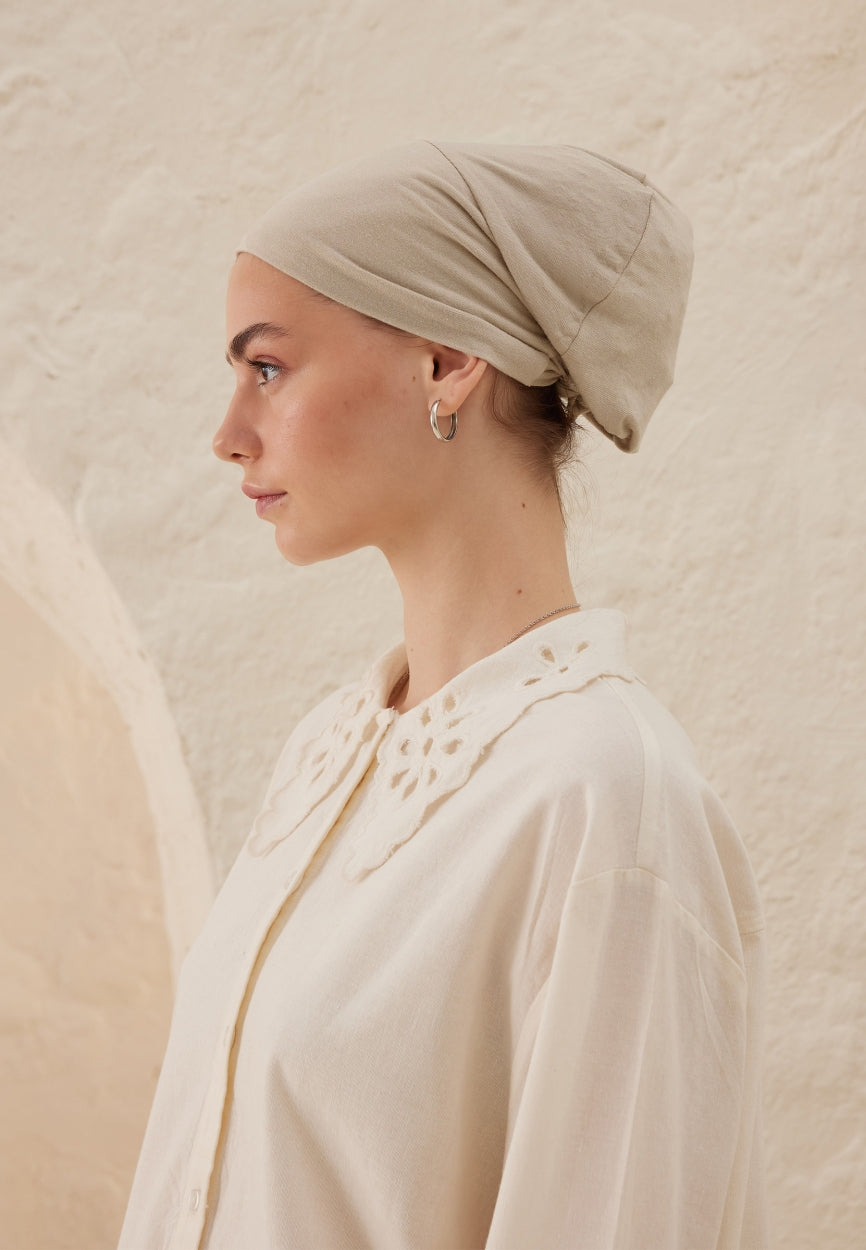 Front view of Stone Silicone Non-Slip Bonnet, modest Scarf for weddings