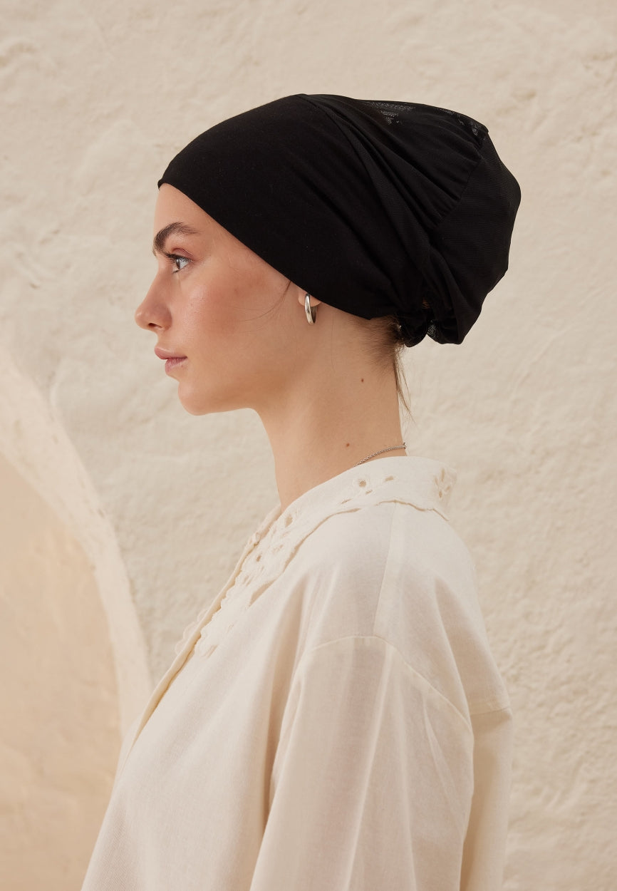 Back view of Black Silicone Non-Slip Net Bonnet displaying full coverage design