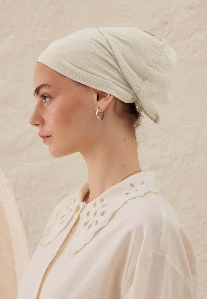 Front view of Ecru Silicone Non-Slip Bonnet, modest Scarf for weddings