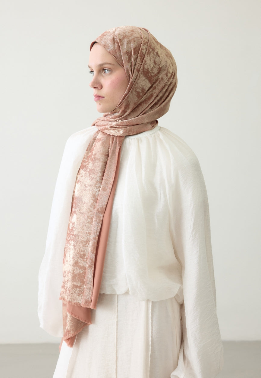 Qivola Silky Shimmery Scarf in Cinnamon, side view
