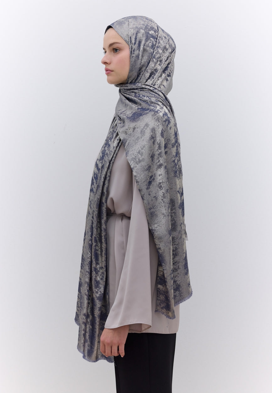 Qivola Silky Shimmery Scarf in Indigo, back view