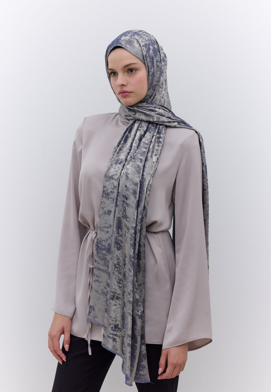 Qivola Silky Shimmery Scarf in Indigo, front view