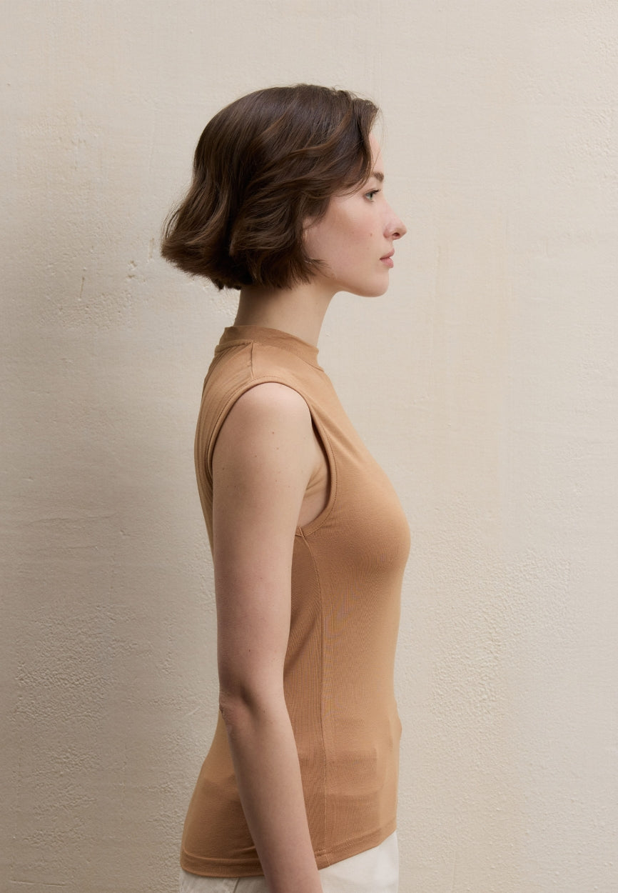 Qivola Sleeveless Bamboo Body Undershirt in Almond, back view