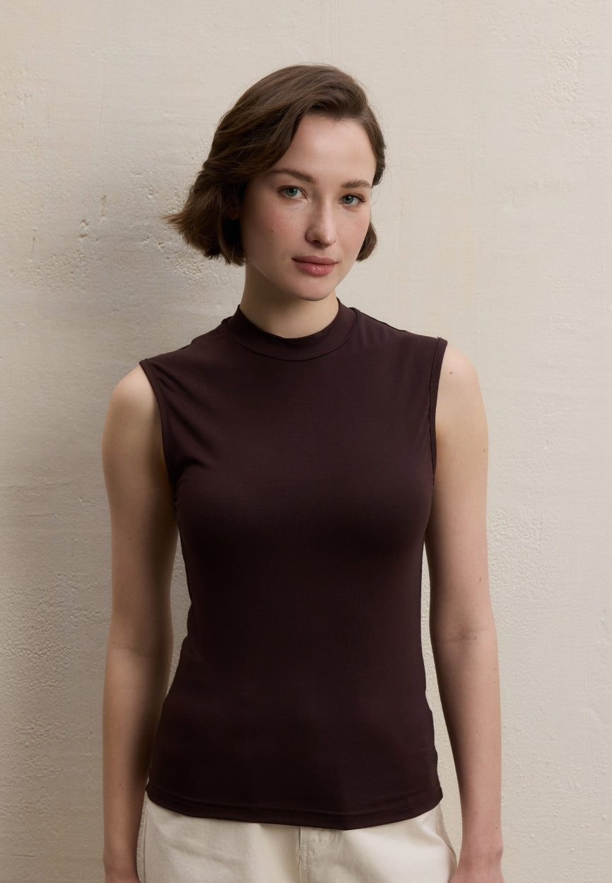 Qivola Sleeveless Bamboo Body Undershirt in Aubergine, back view