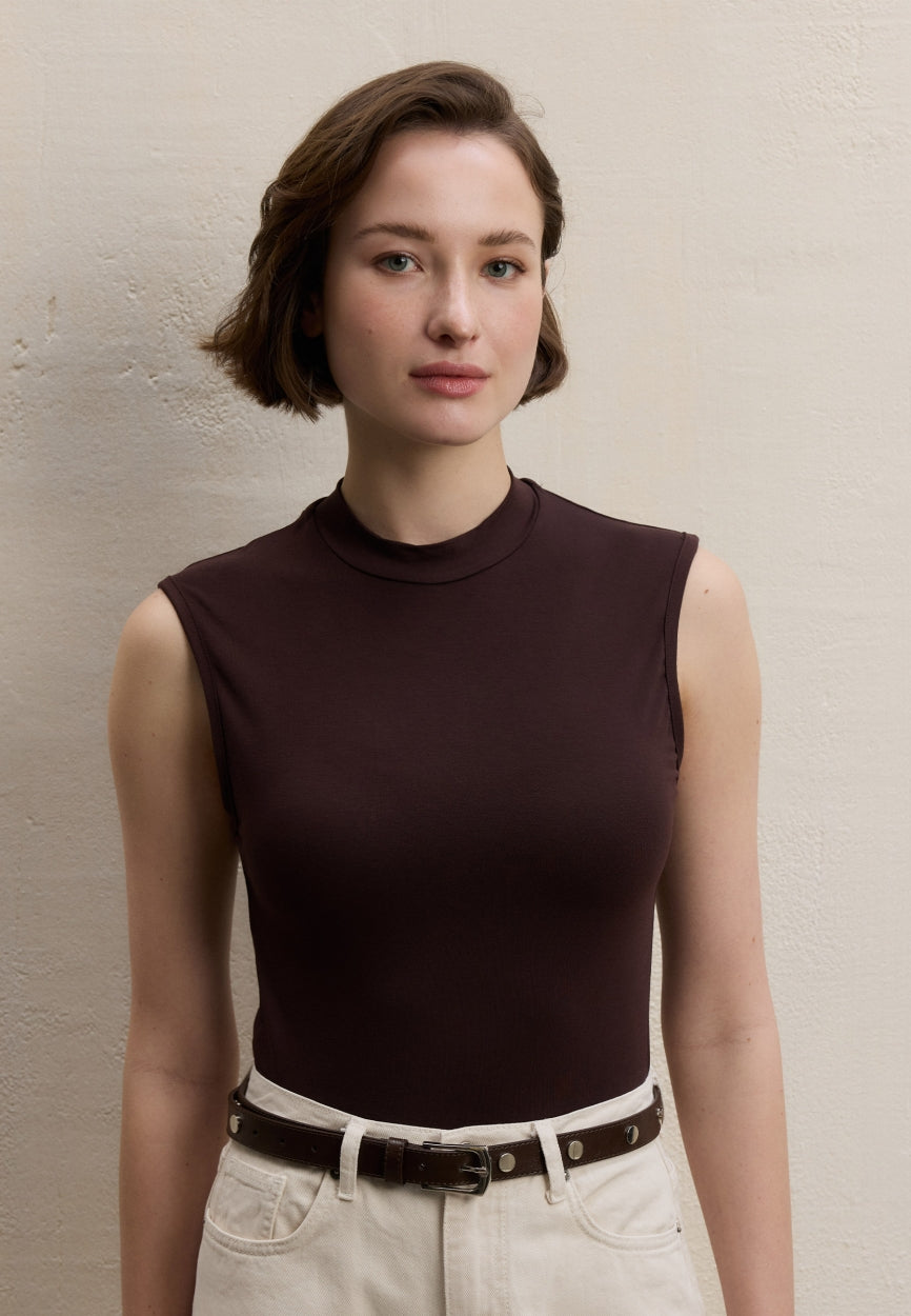 Qivola Sleeveless Bamboo Body Undershirt in Aubergine, front view