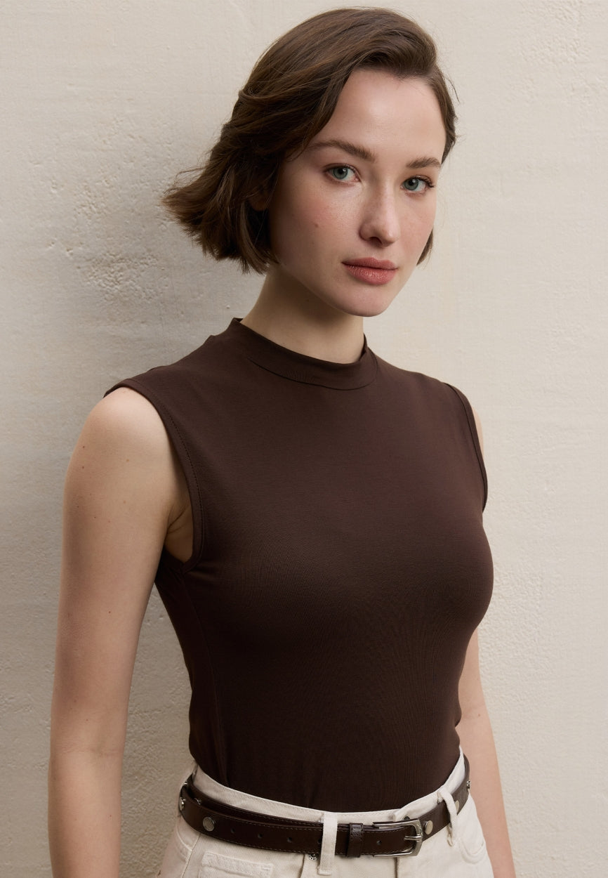 Qivola Sleeveless Bamboo Body Undershirt in Brown Coffee, front view (variant 1)