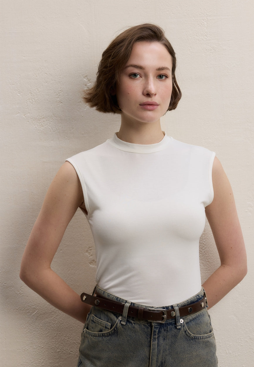 Qivola Sleeveless Bamboo Body Undershirt in Ecru, front view