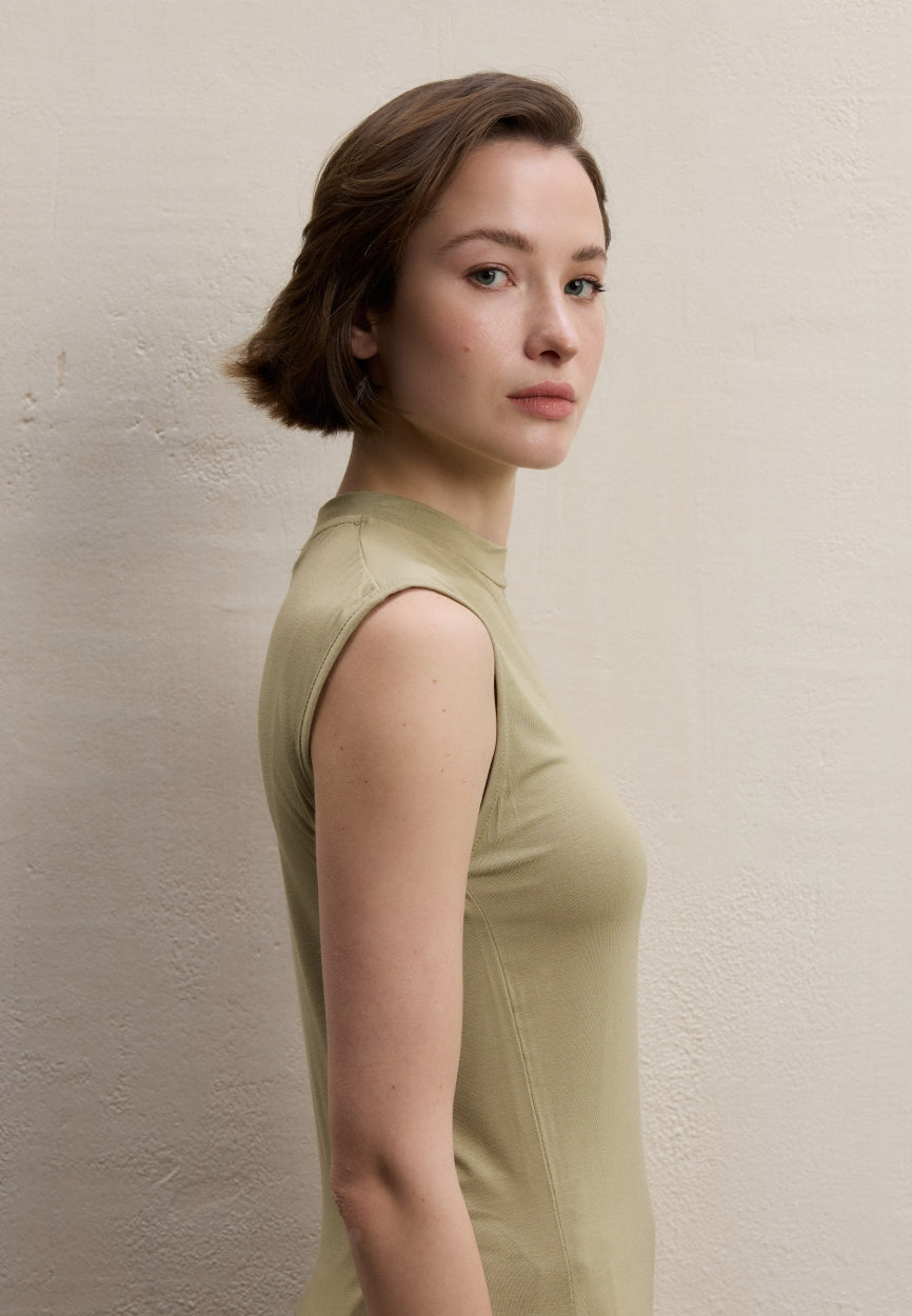 Qivola Sleeveless Bamboo Body Undershirt in Sage, back view