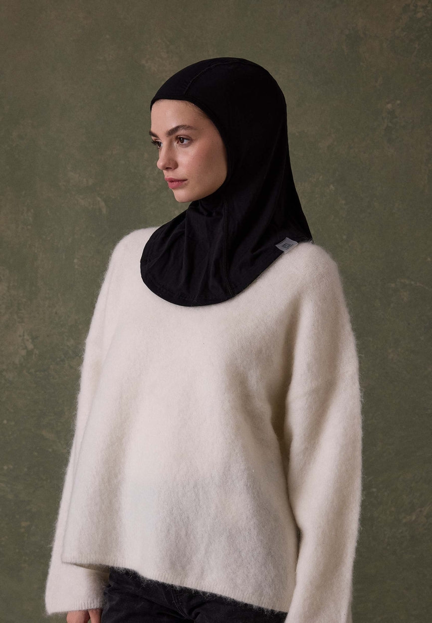 Front view of Black Sporty Bonnet, modest Scarf for weddings