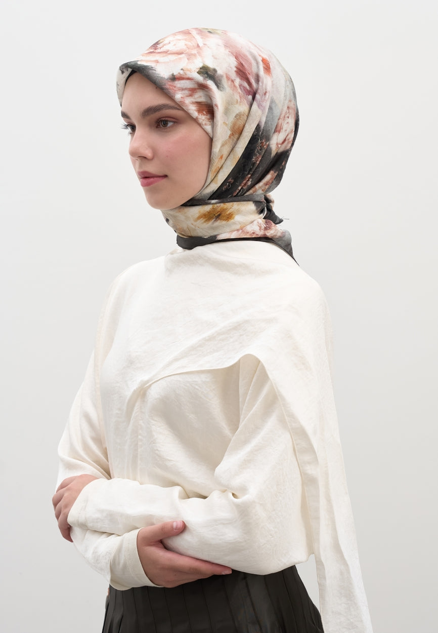 Anthracite Vintage Rose Patterned Cotton Viscose Scarf side angle showing elegant silhouette