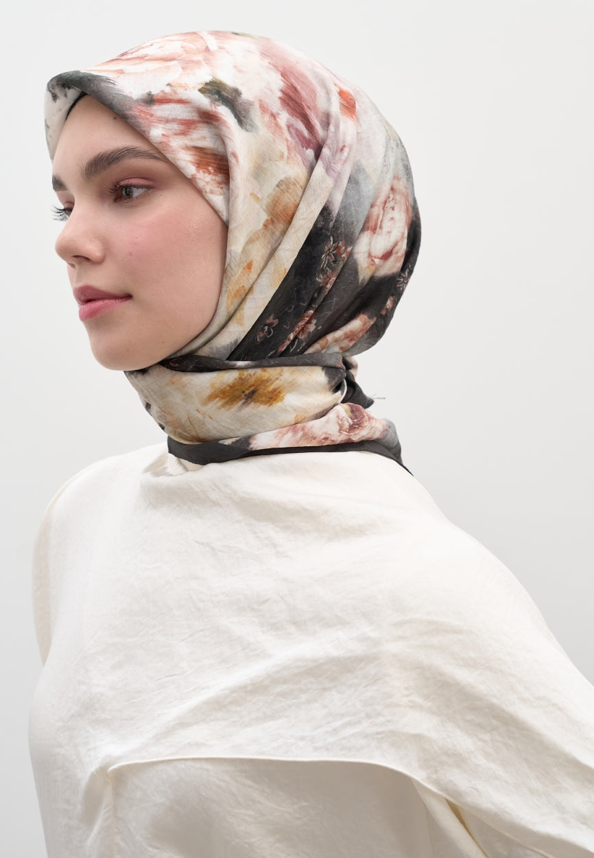 Anthracite Vintage Rose Patterned Cotton Viscose Scarf close-up showing quality craftsmanship